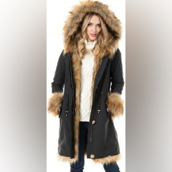 NWOT Fabulous Furs Black Jacket with Brown Faux Fur Trim - Picture 2 of 9